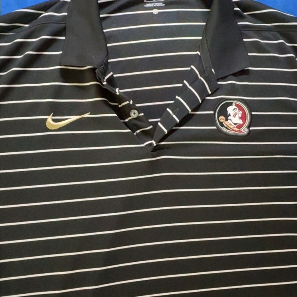 Nike Black Polo with White Pinstripes and Gold Swoosh
